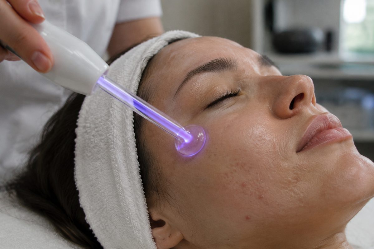 High-frequency violet electrode wand sanitizing skin during a clinical acne clearance protocol.