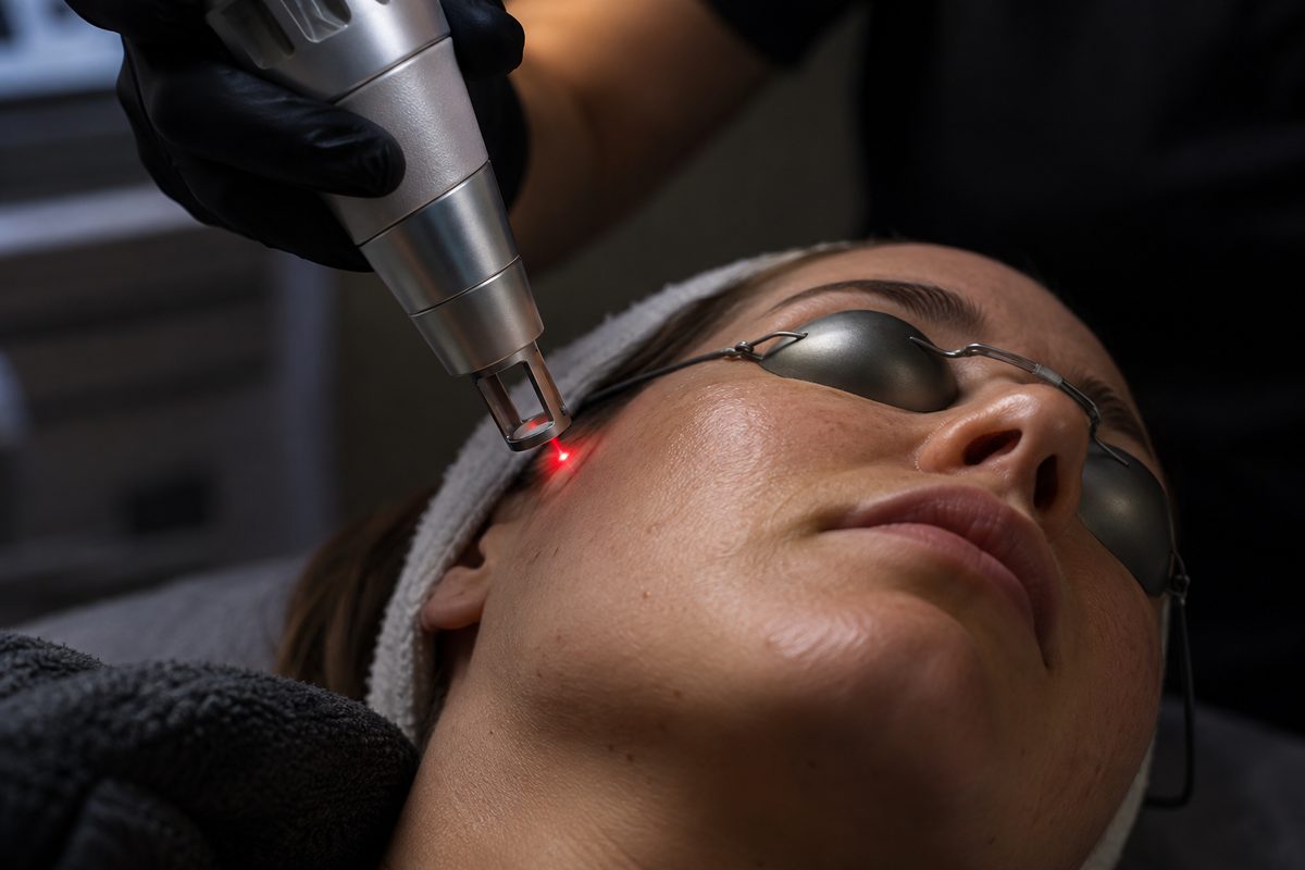 Aerolase Neo 1064nm laser handpiece targeting facial skin during a clinical treatment session.