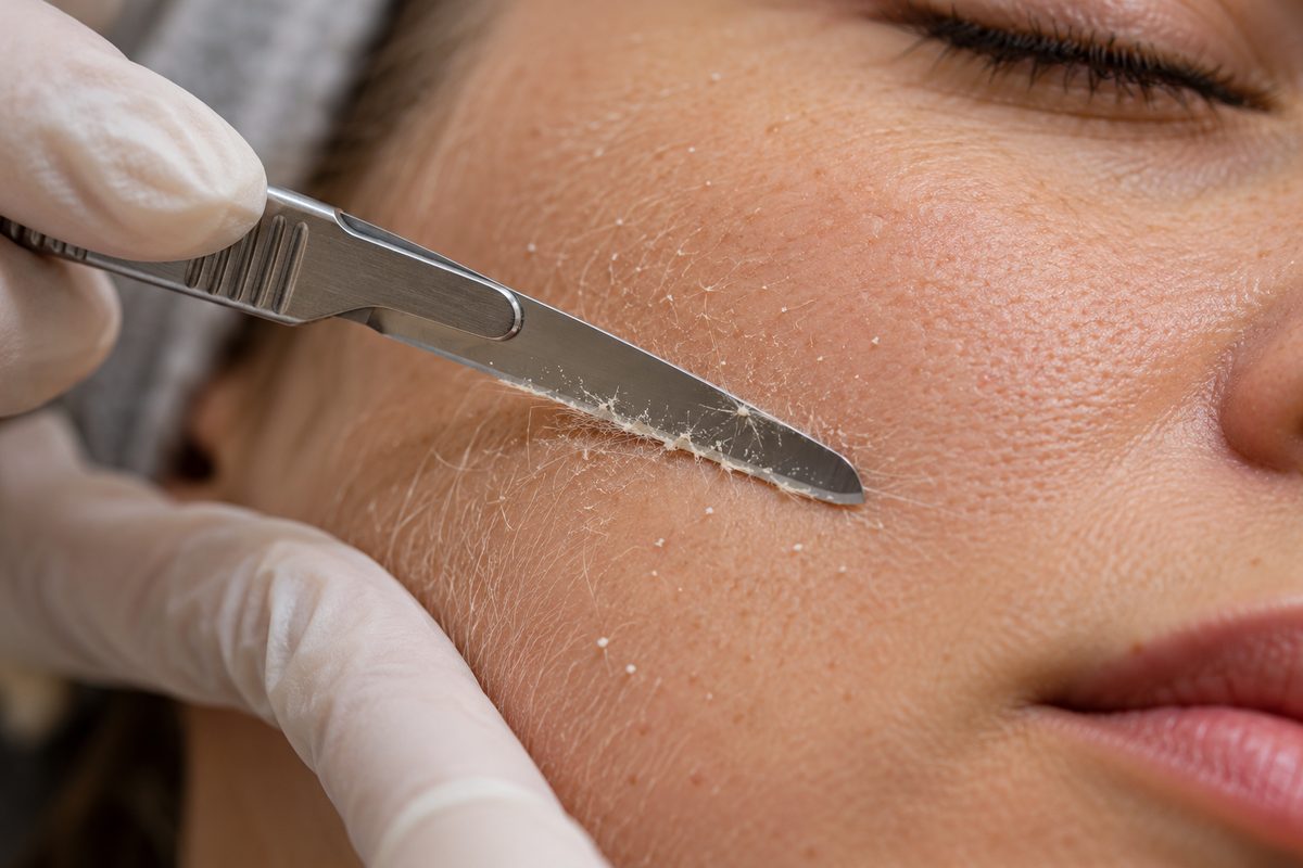 Close-up of sterile surgical blade dermaplaning performed at a precise angle on facial skin.