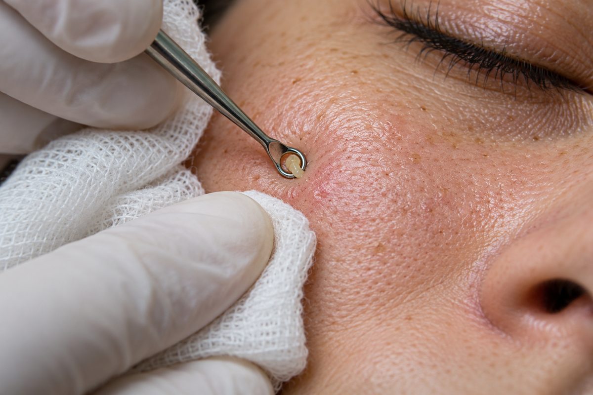 Close-up of precise clinical extraction and skin pore clearing protocol at SkinLuxes.