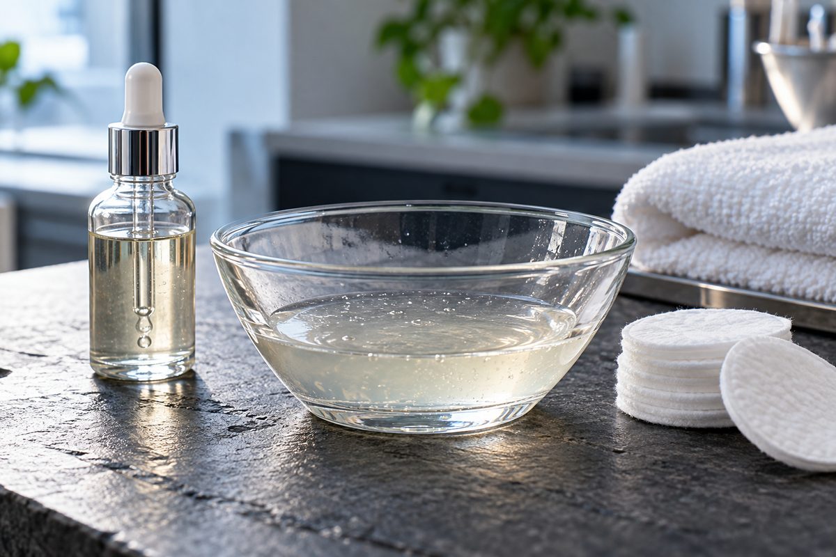 Clinical preparation of Glo Skin Beauty hydroxy acid peel solution and application supplies.