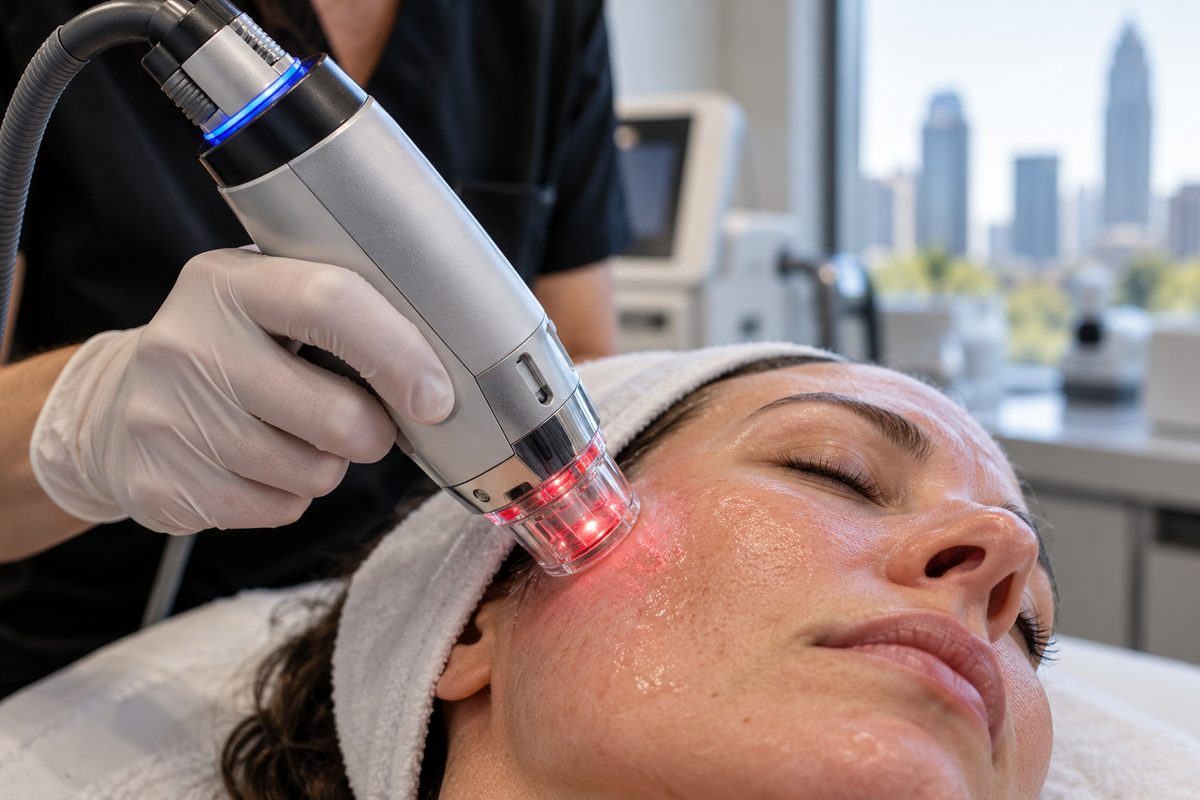 Halo hybrid fractional laser handpiece with integrated cooling and tracking during a skin resurfacing session.
