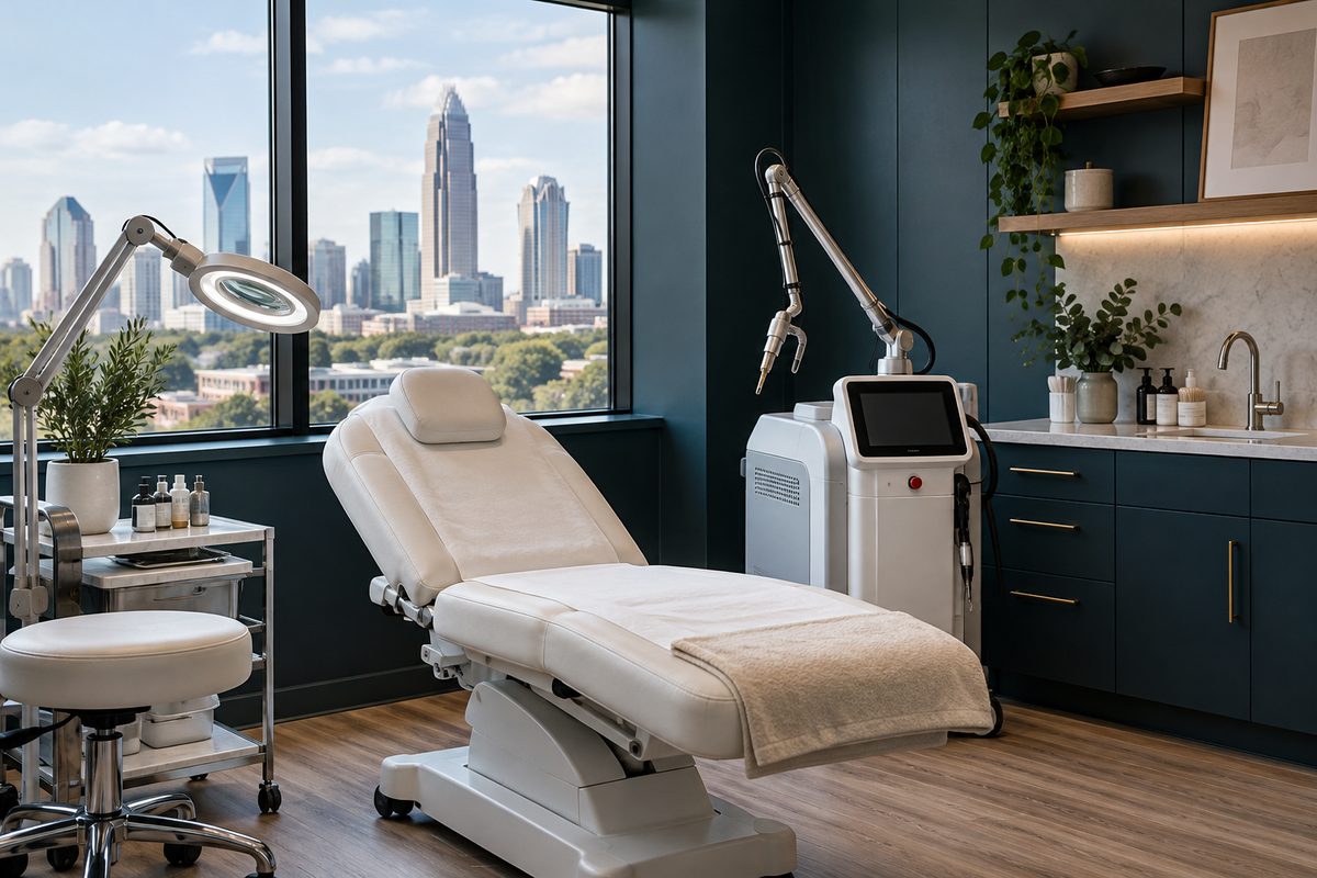 Clinical aesthetic treatment suite at SkinLuxes in Charlotte NC featuring medical treatment equipment and focused examination lighting.