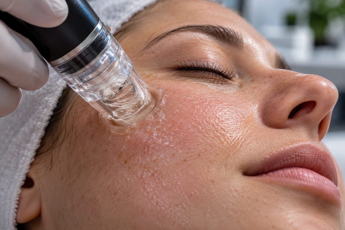 HydraFacial vortex extraction handpiece performing gentle clinical dermal exfoliation.