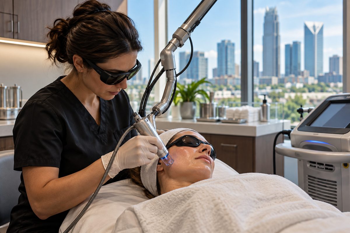 Clinical laser suite equipped with multi-wavelength laser platforms and safety eye protection for face and neck therapies.