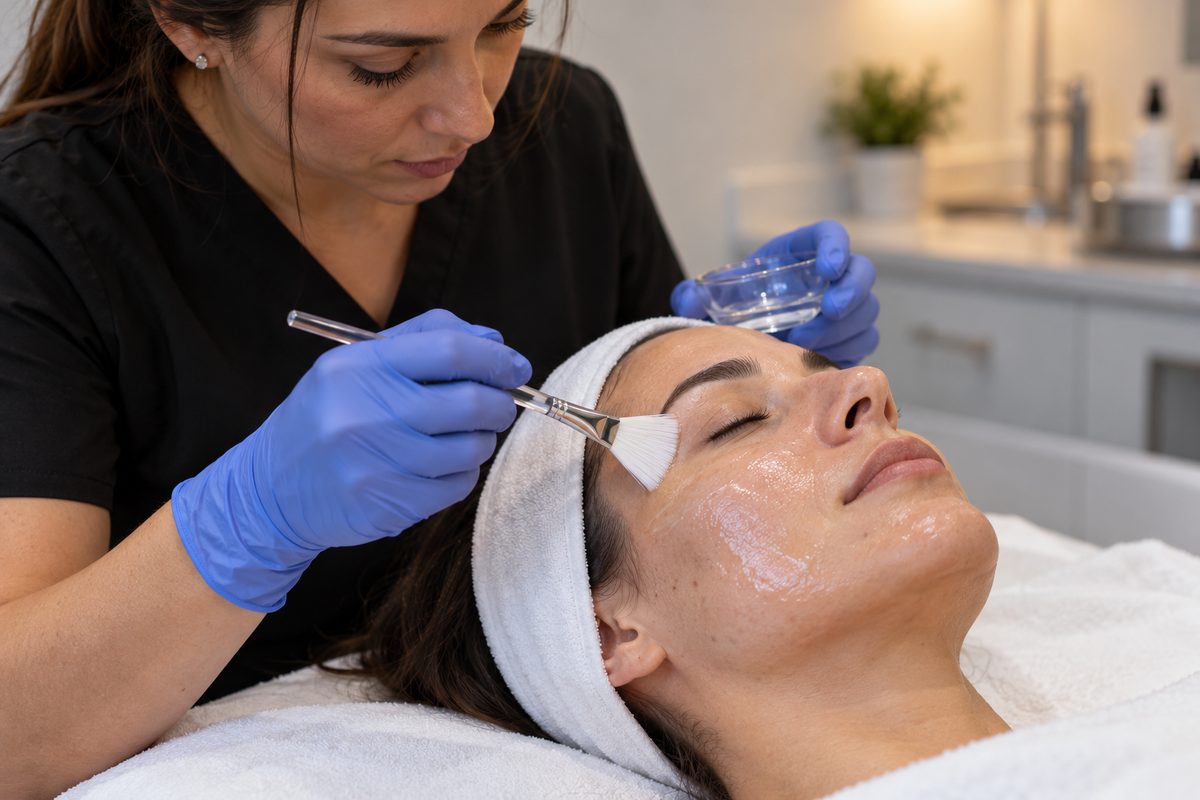 Professional application of a PCA chemical peel solution to facial skin with an applicator brush.