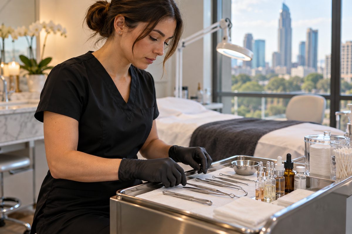Practitioner Casey Finch LE LI preparing sterilized clinical instruments in the SkinLuxes Charlotte treatment room.