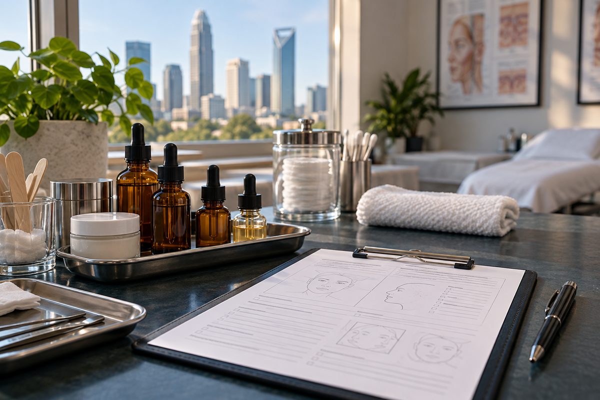 Clinical skin program consultation materials, active serums, and regimen documentation at SkinLuxes.