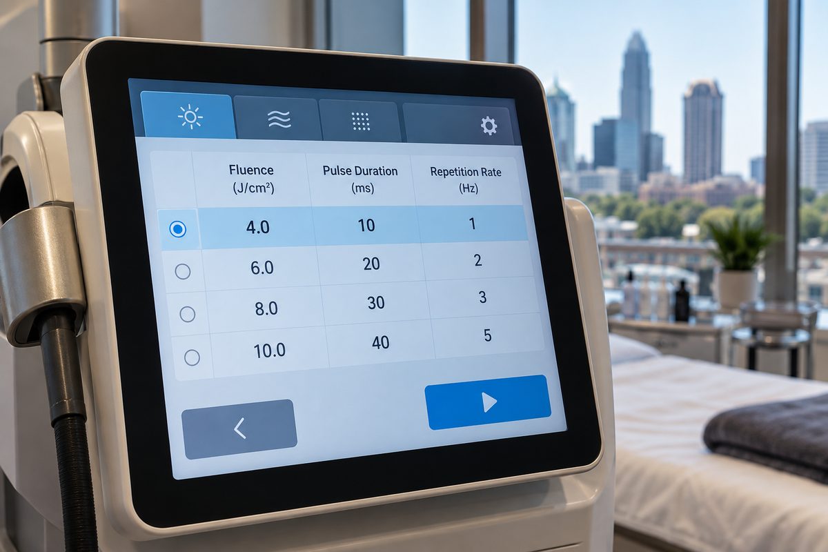 Clinical laser parameter screen showing energy fluence, pulse width, and frequency settings.