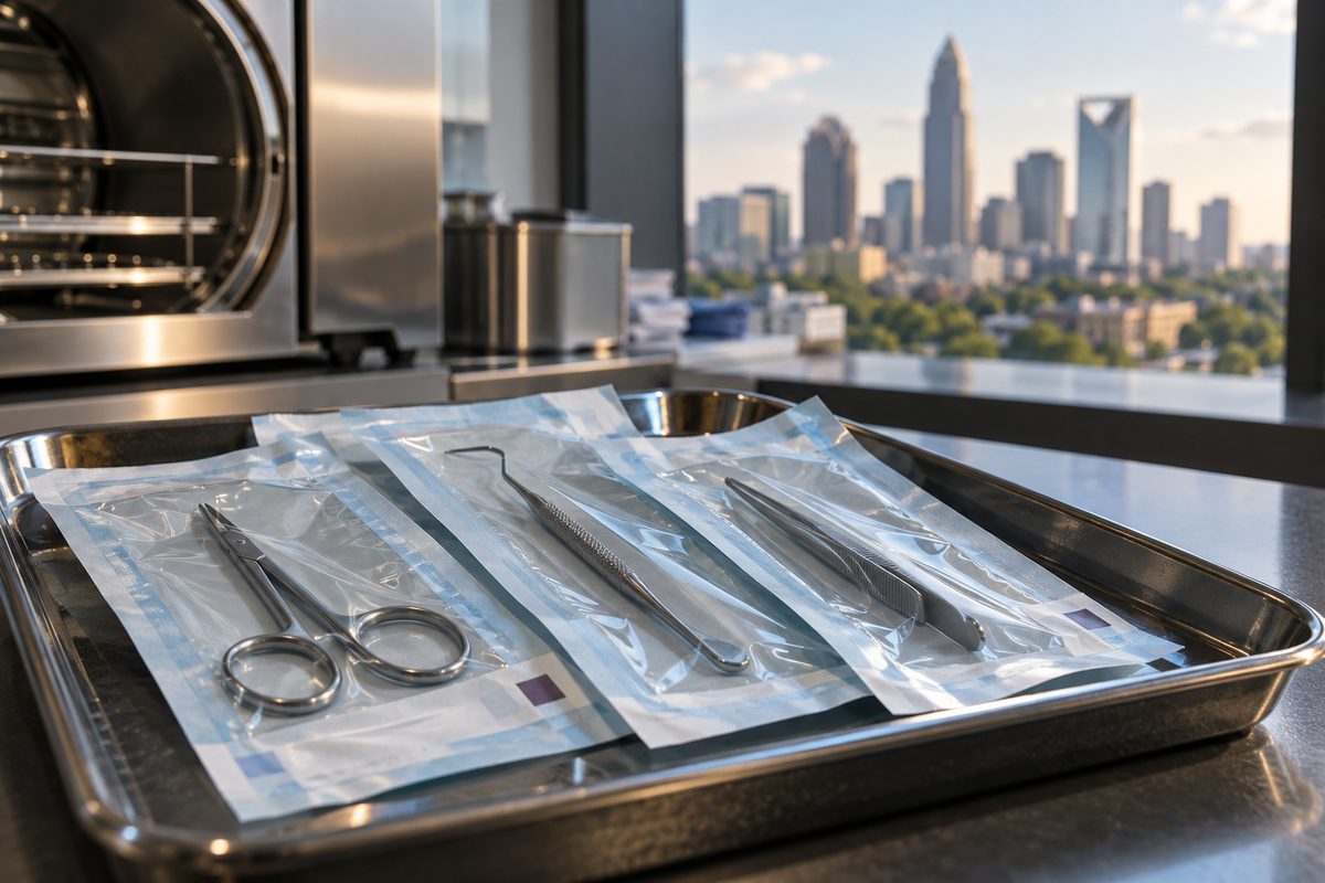 Autoclaved and sealed sterile aesthetic instruments prepared for clinical facial procedures.
